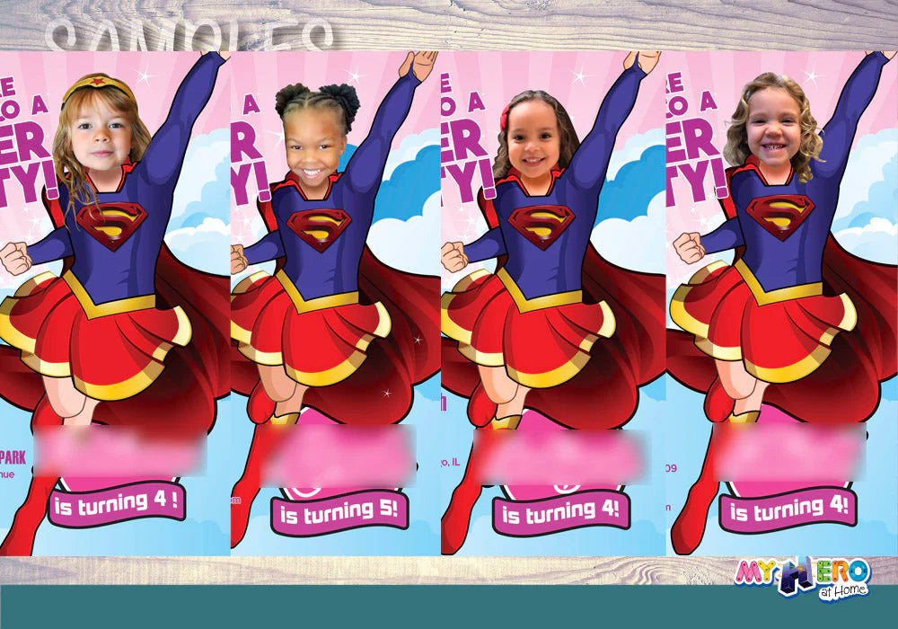 Joint Pool Splash Party Invitation with Girl and Boy as Supergirl and Spiderman. 2481