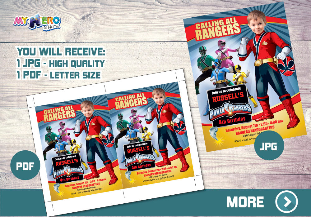 Power Rangers Birthday party Invitation with your child as his favorite Ranger, Red Ranger invite. 001