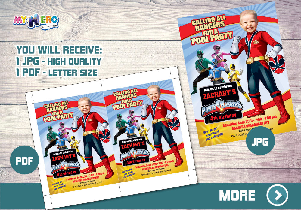 Power Rangers Pool Party Invitation with your kid as the Red Power Ranger. 001P