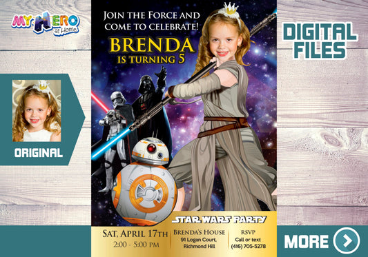 Jedi Rey Party invitation, Jedi Rey digital, Jedi Rey themed party, Girl Star Wars birthday. 006