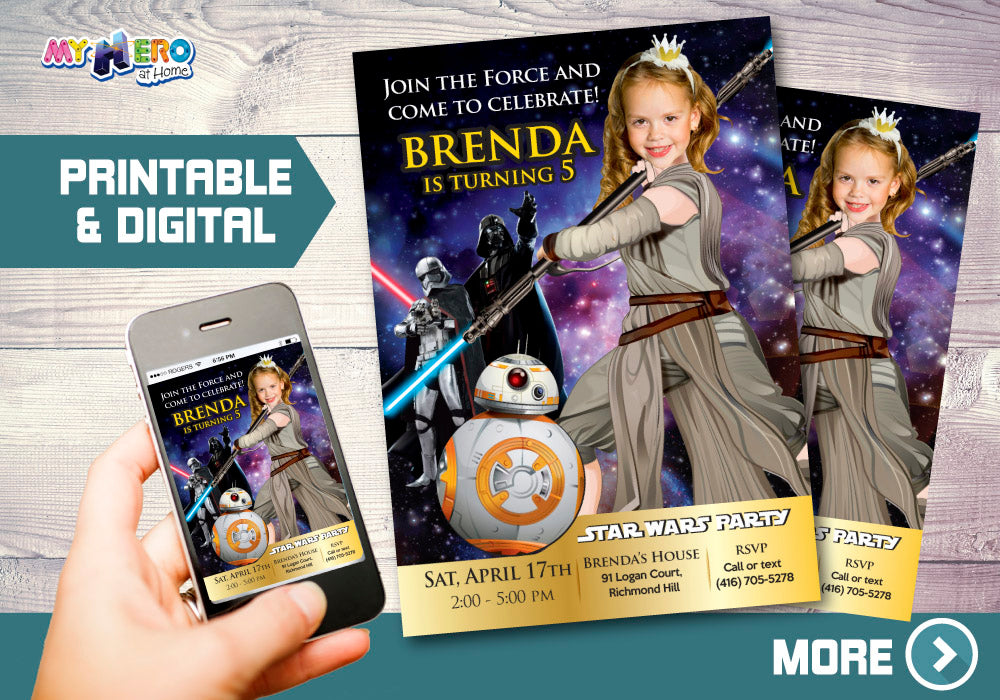 Jedi Rey birthday Invitation, Jedi Rey Party invitation, Jedi Rey digital, Jedi Rey themed party, Girl Star Wars birthday. 006