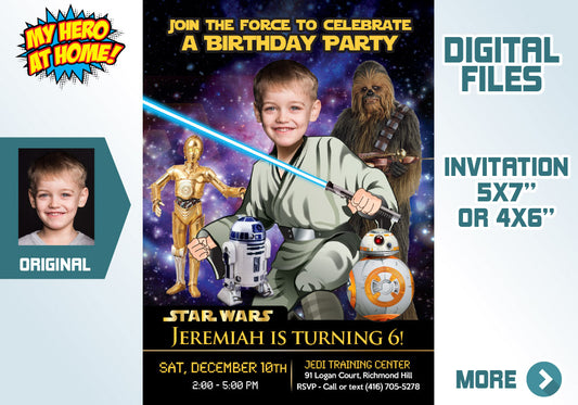 Jedi Birthday Invitation, Star Wars theme Party, Jedi Digital Invitation, Jedi Thank You, Jedi party favors, Star Wars Invitation. 018V
