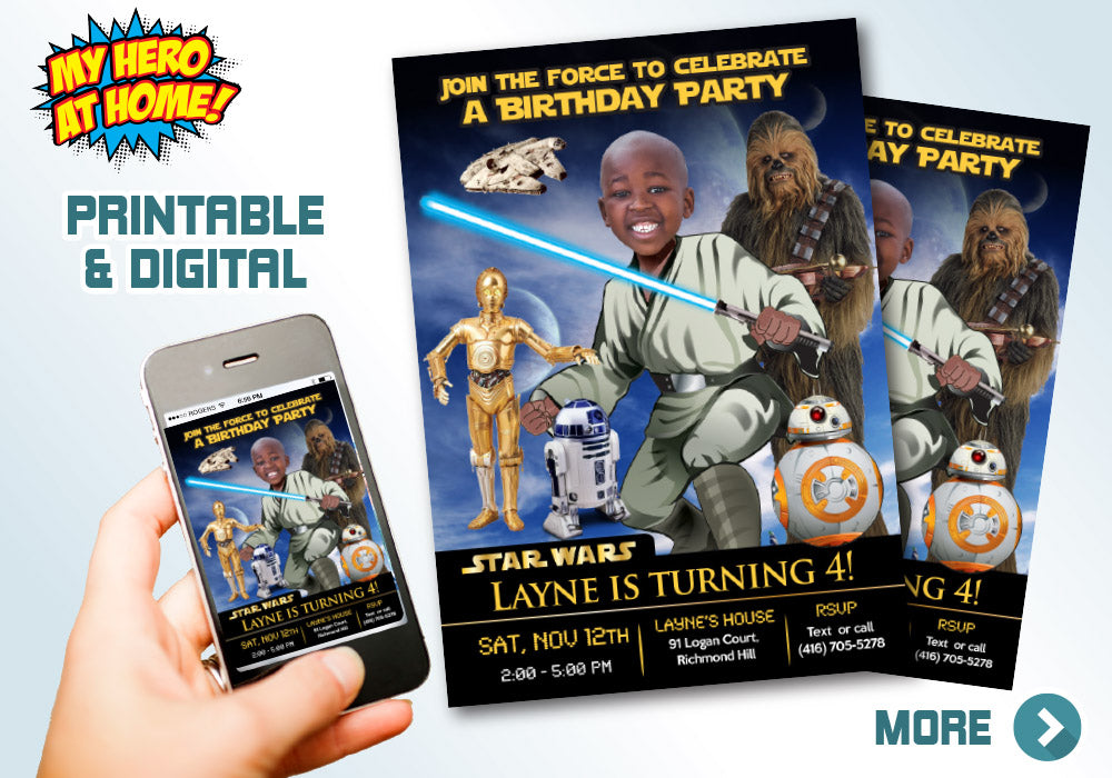 Jedi Birthday Invitation, Jedi photo invitation, Star Wars photo invitation, Jedi Digital, BB-8, R2-D2, C-3PO & Chewbacca Party. 023