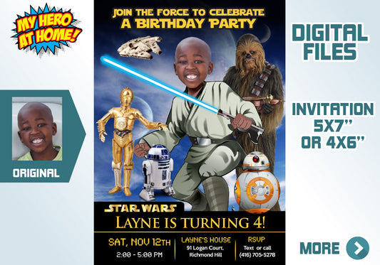 Jedi and BB-8, R2-D2, C-3PO & Chewbacca Birthday party Invitation wiht your kid as the star. 023