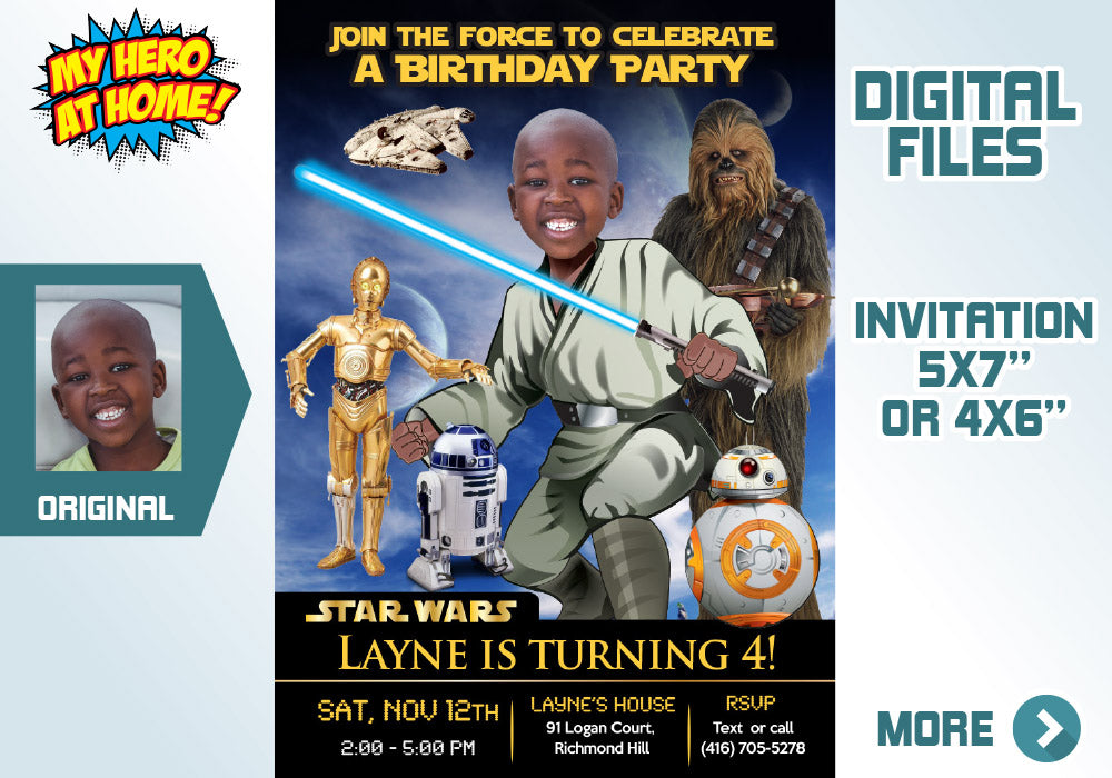 Jedi Birthday Invitation, Jedi photo invitation, Star Wars photo invitation, Jedi Digital, BB-8, R2-D2, C-3PO & Chewbacca Party. 023