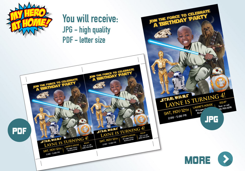 Jedi Birthday Invitation, Jedi photo invitation, Star Wars photo invitation, Jedi Digital, BB-8, R2-D2, C-3PO & Chewbacca Party. 023
