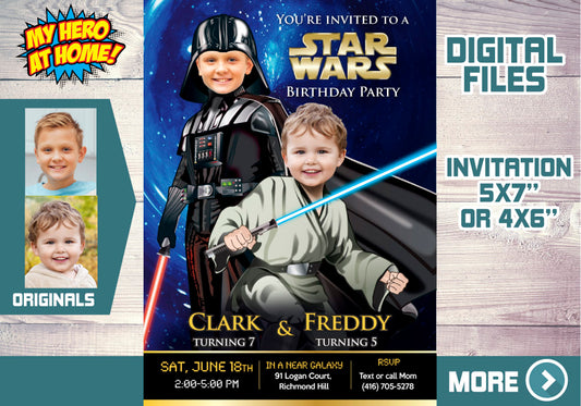 Darth Vader and Jedi invitation, Star Wars Siblings Party, Darth Vader and Jedi theme party, Joint Star Wars thank you card. 027C