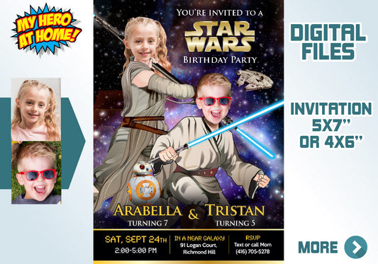 Star Wars Siblings Invitation, Joint Star Wars Birthday, Luke Skywalker and Jedi Rey Party, Jedi boy and girl bday invitation. 028V