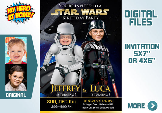 Stormtrooper and Darth Vader Birthday Invitation, Star Wars Dark Side Siblings Party template. 037