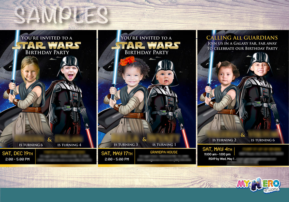 Custom Darth Vader and Jedi Rey birthday invitation, Joint Star Wars Invitation, Star Wars Siblings Invitation, Joint Star Wars favors. 040C