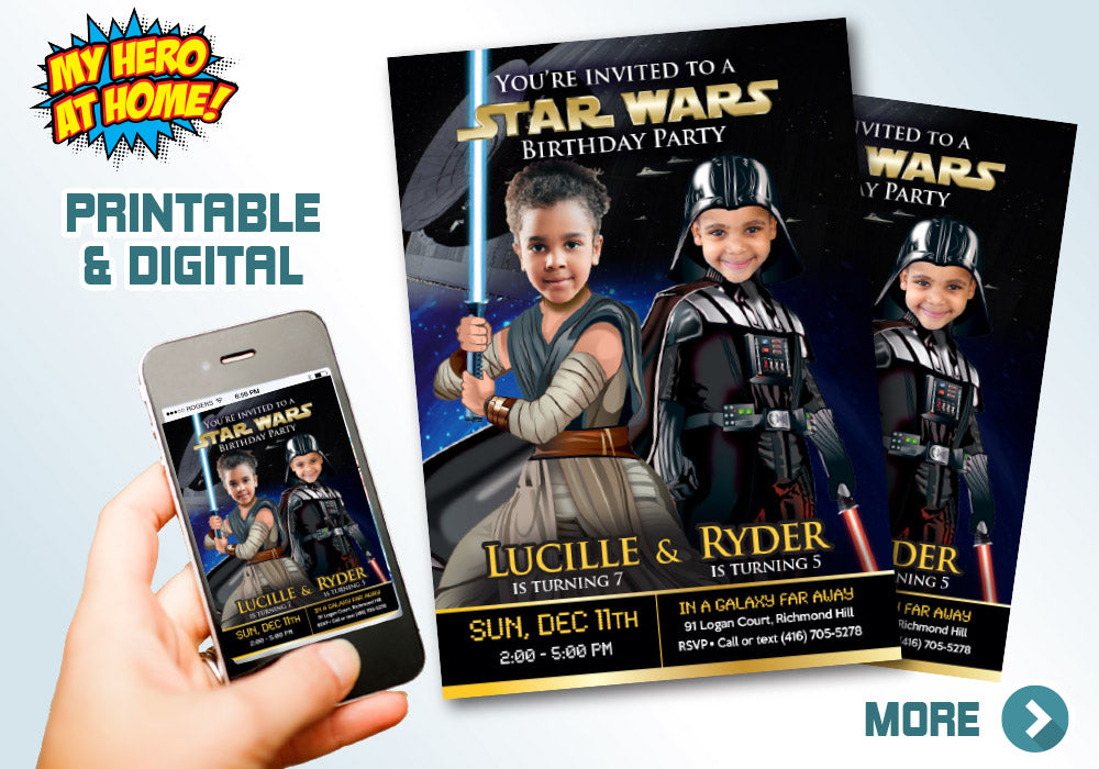Custom Darth Vader and Jedi Rey birthday invitation, Joint Star Wars Invitation, Star Wars Siblings Invitation, Joint Star Wars favors. 040C