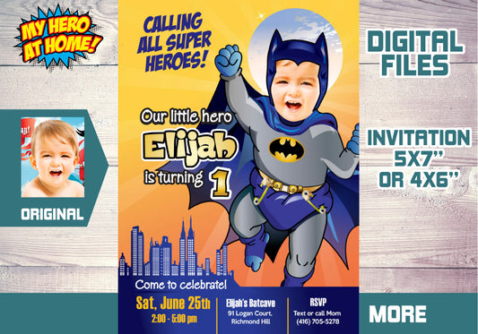 Batman 1st Birthday Invitation with your baby as Baby Batman, Batman 1st invite. 060