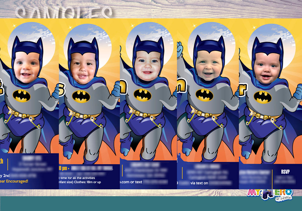 Batman 1st Birthday Invitation with your baby as Baby Batman, Batman 1st invite. 060