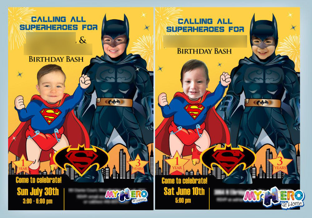 Superman and Batman Invitation, Joint Batman and Superman Invitation, Superman vs Batman invitation, Joint baby superman and Batman invitation. 066