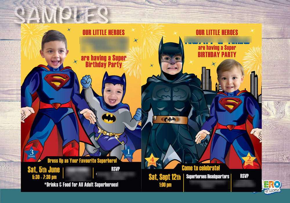 Superman and Batman Invitation, Joint Batman and Superman Party invitation, Superman Batman Party Ideas. 070