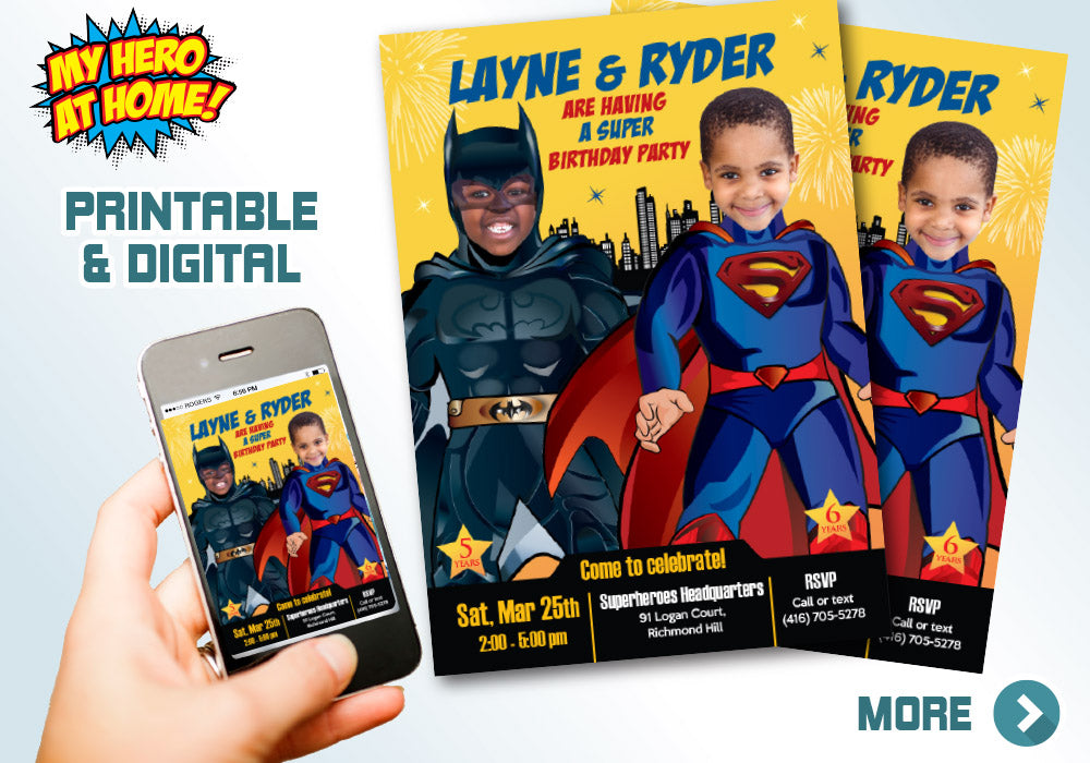Superman and Batman Invitation, Joint Batman and Superman Party invitation, Superman Batman Party Ideas. 070