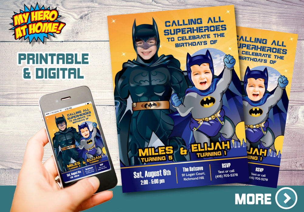 Joint Batman Birthday Invitation, Batman Siblings party Invitation, Batman Twins party. 071