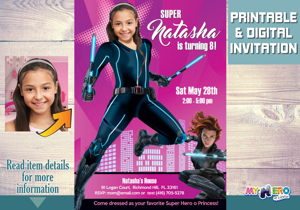 Black Widow Birthday Invitation with photo, Black Widow photo party template. 072