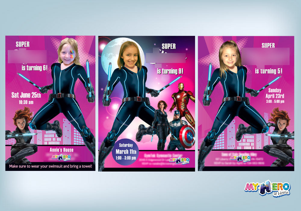 Black Widow Birthday Invitation with photo, Black Widow photo party template. 072