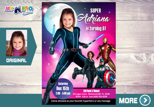 Black Widow birthday party Invitation with your girl as the star, Black Widow photo invite. 073