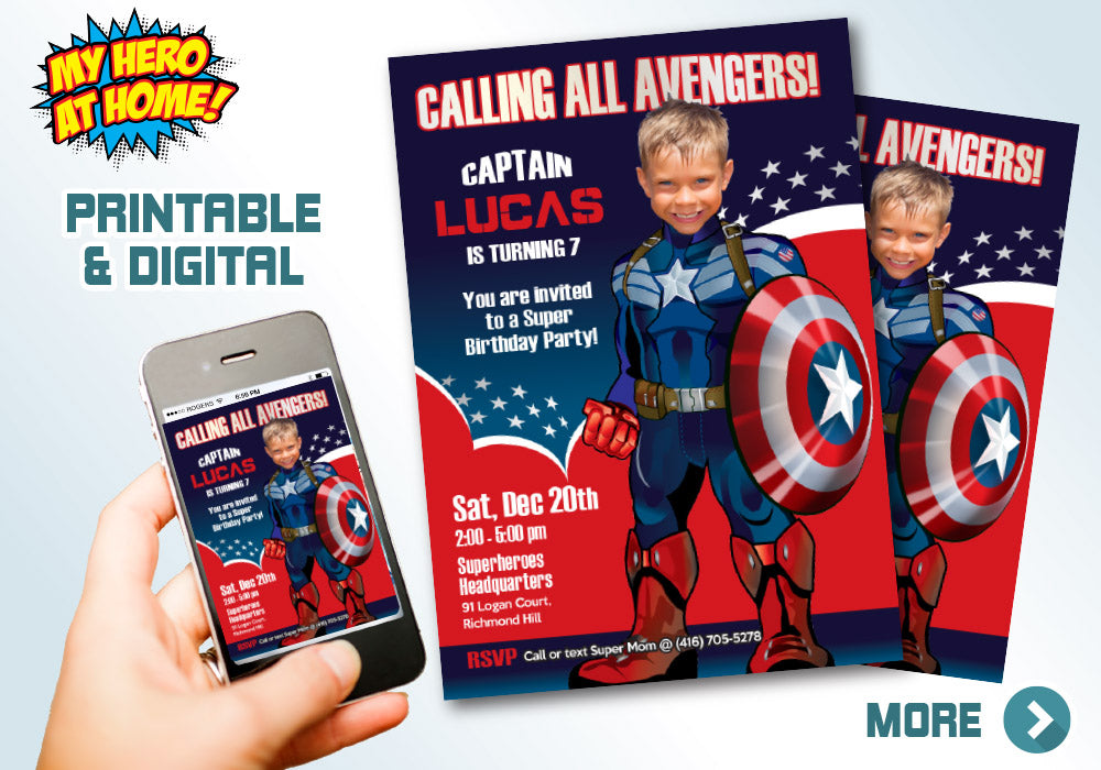Custom Captain America party photo Invitation, Capt America Birthday Invitation. 074