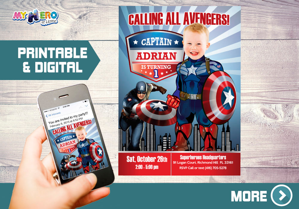 Baby Captain America 1st Birthday Party Invitation, Capt America first birthday. 075B