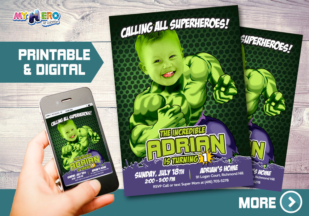 Hulk 1st Birthday Invitation with photo, Hulk First Birthday template. 089B