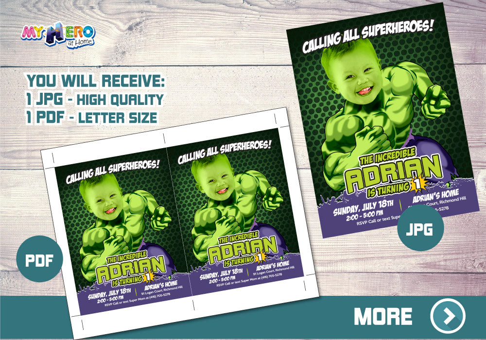 Hulk 1st Birthday Invitation with photo, Hulk First Birthday template. 089B
