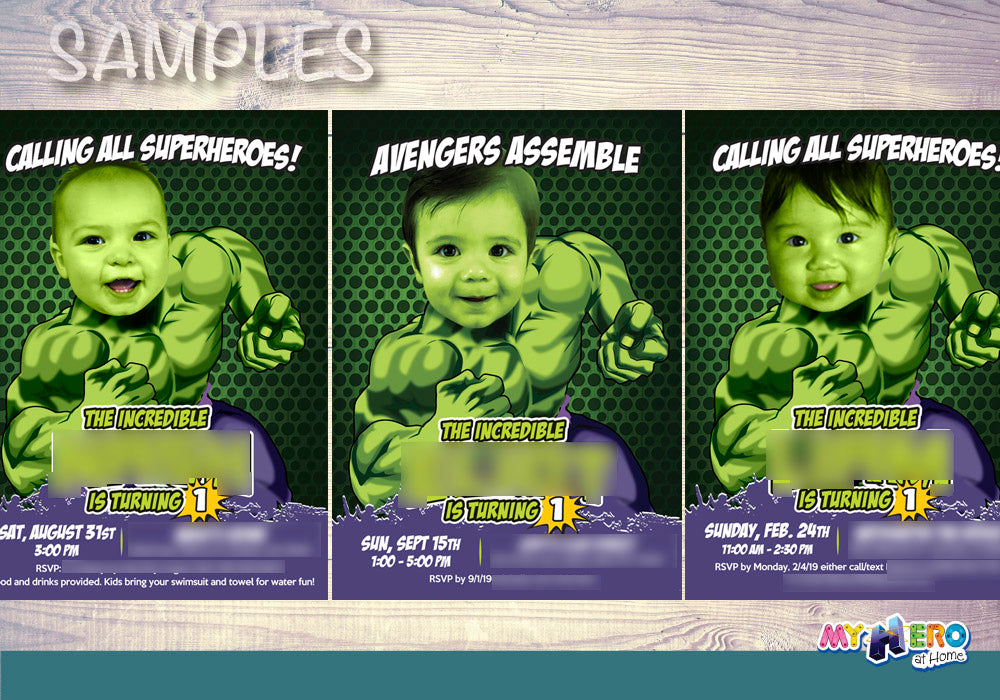 Hulk 1st Birthday Invitation with photo, Hulk First Birthday template. 089B
