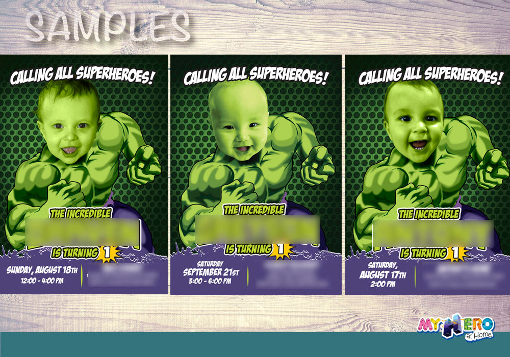Hulk 1st Birthday Invitation with photo, Hulk First Birthday template. 089B