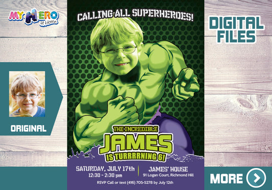 Custom Hulk birthday template with photo, Hulk photo Invitation, Hulk Digital Invitation. 089