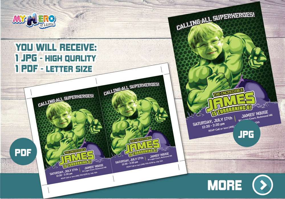 Custom Hulk birthday template with photo, Hulk photo Invitation, Hulk Digital Invitation. 089
