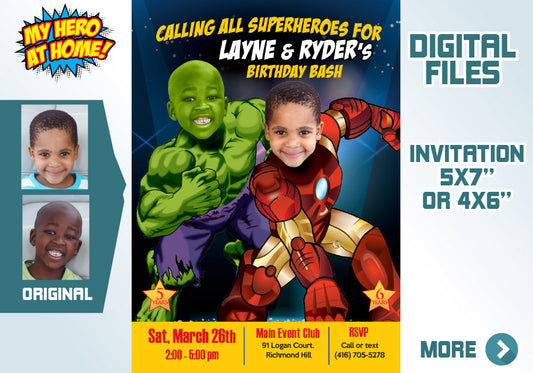 Joint Ironman and Hulk birthday invitation with photos of kid as their favorite Avengers. 094C