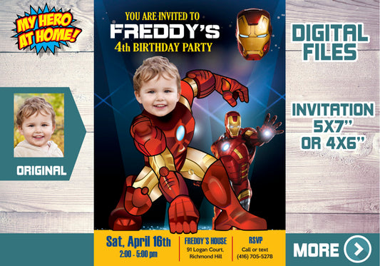 Ironman photo invitation, Ironman party template with your kid as Ironman. 096