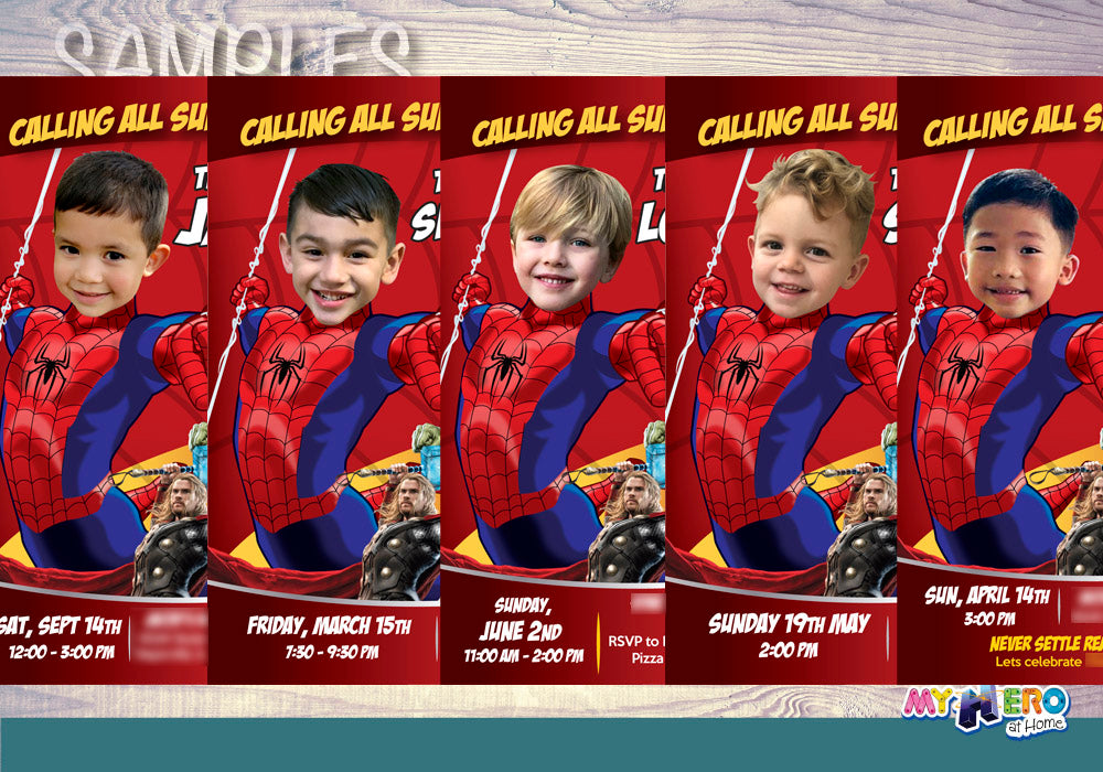 Spider-Man Superheroes Birthday Invitation with child as Spiderman. 103IN2