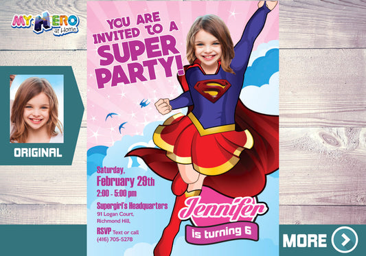 Supergirl Party Invitation with your photo, Supergirl photo template, Super hero Girls Invite. 110