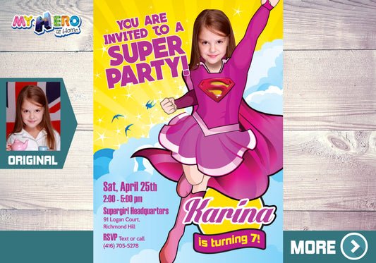 Pink Supergirl Birthday party invite with your girl as the star, Supergirl pink theme party. 111