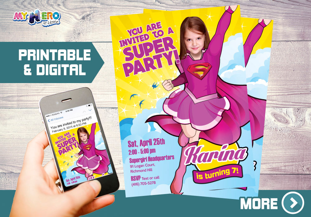 Pink Supergirl Birthday party invite with your girl as the star, Supergirl pink theme party. 111