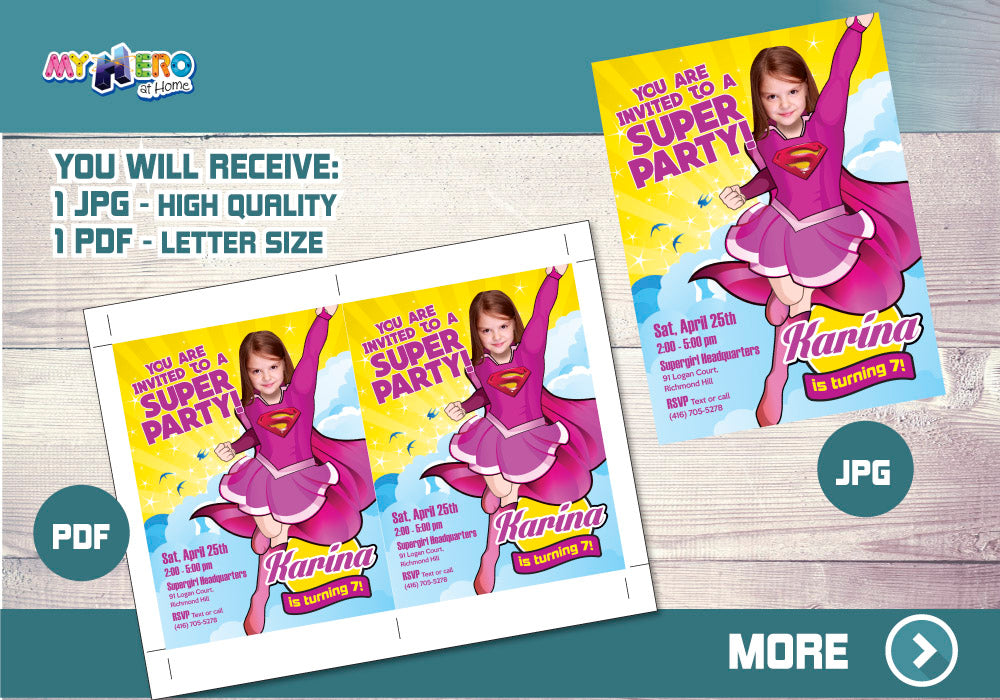 Pink Supergirl Birthday party invite with your girl as the star, Supergirl pink theme party. 111