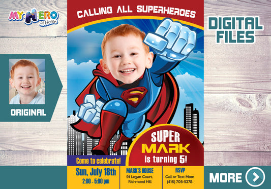Superman Birthday Invitation, Superman party Invitation, Superman photo Invitation, Superman theme party, Superman Thank You. 123
