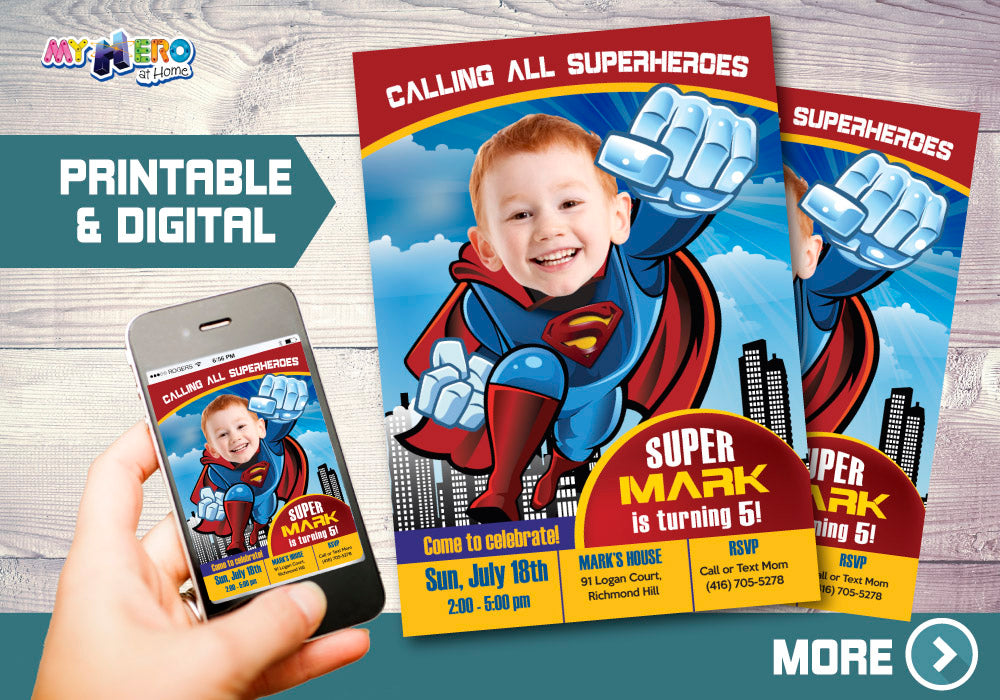 Superman Birthday Invitation, Superman party Invitation, Superman photo Invitation, Superman theme party, Superman Thank You. 123