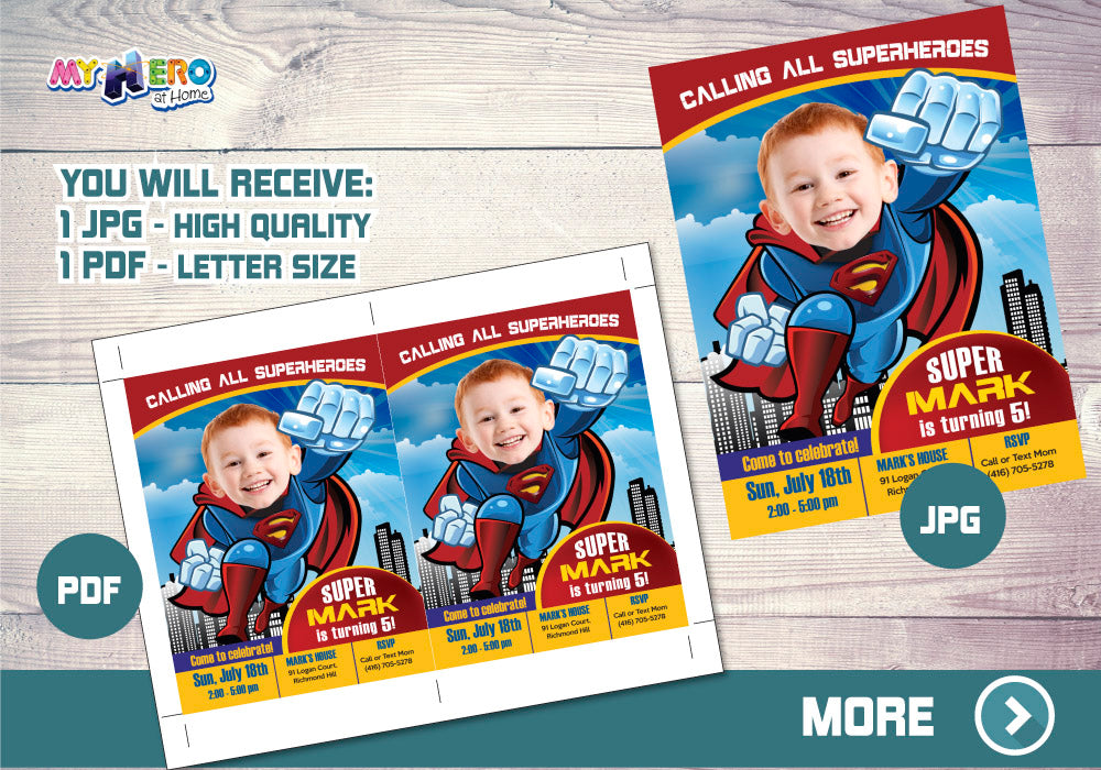 Superman Birthday Invitation, Superman party Invitation, Superman photo Invitation, Superman theme party, Superman Thank You. 123