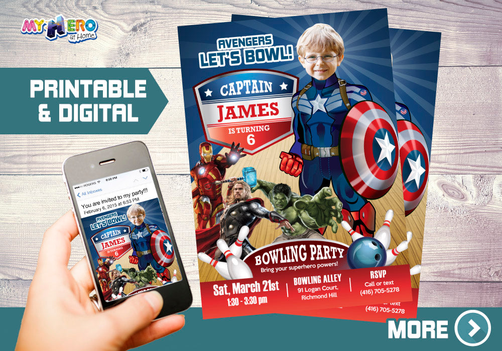 Captain America Bowling Birthday Party Invitation, Capt America photo Invite. 138