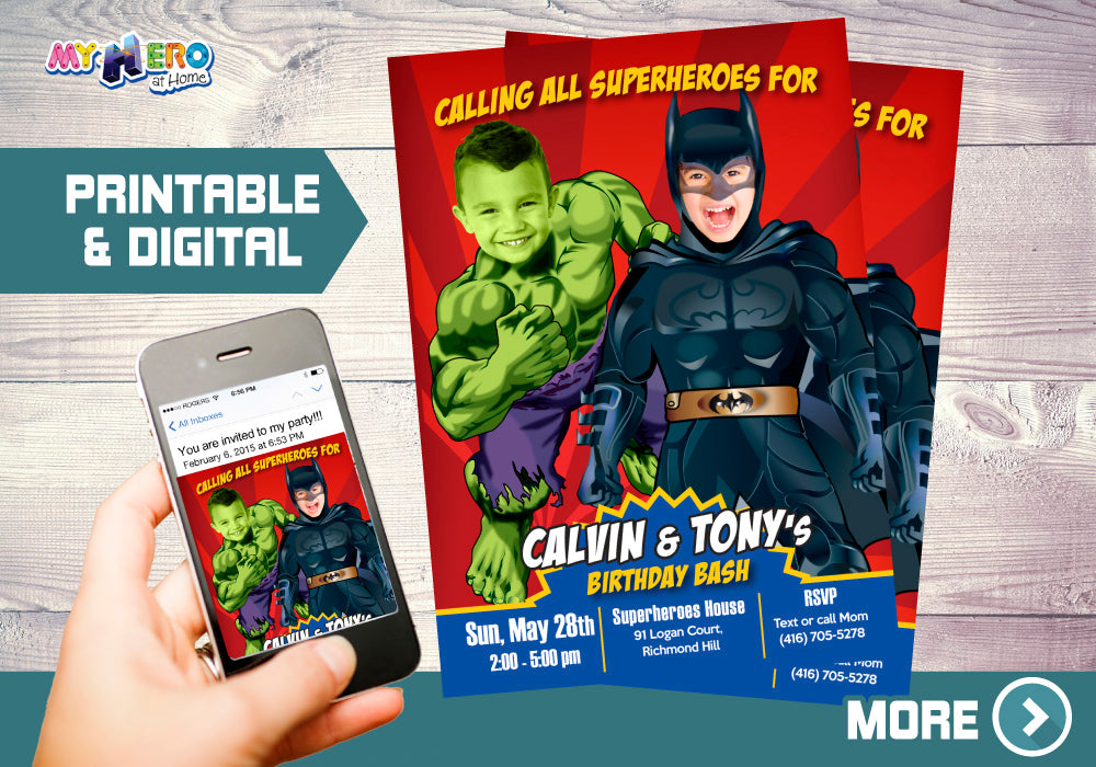 Joint Batman and Hulk Birthday Party Invitation, Hulk and Batman siblings invite. 152