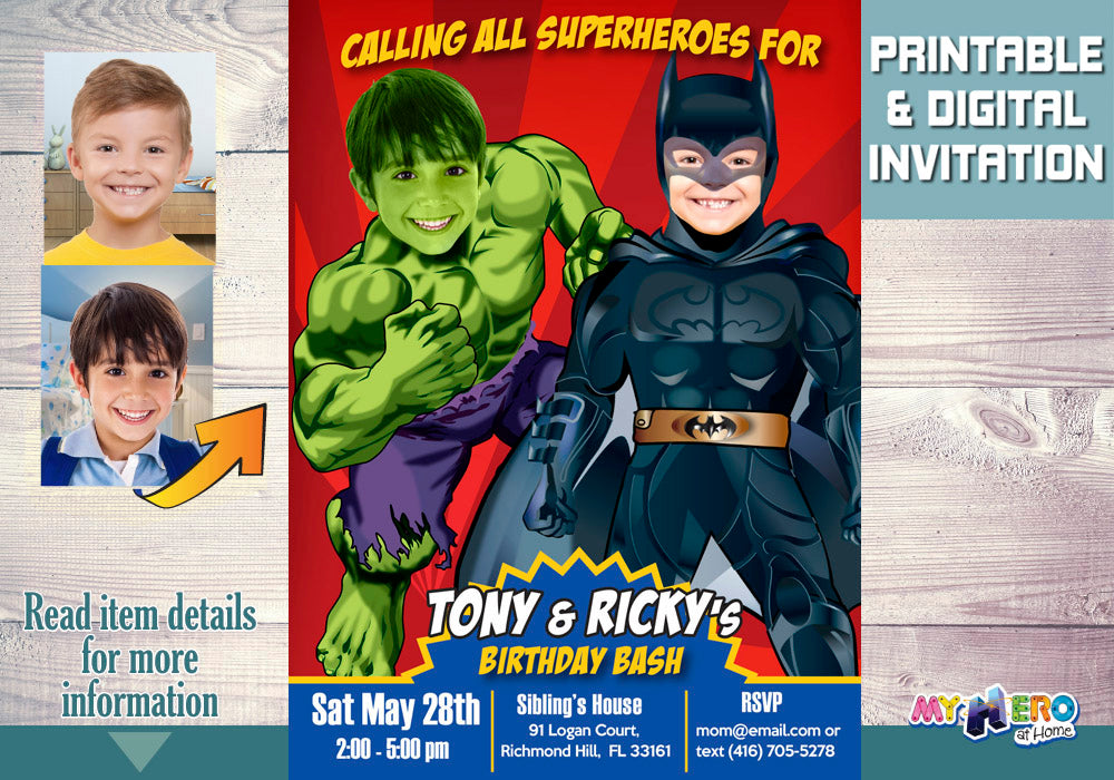 Joint Batman and Hulk Birthday Party Invitation, Hulk and Batman siblings invite. 152