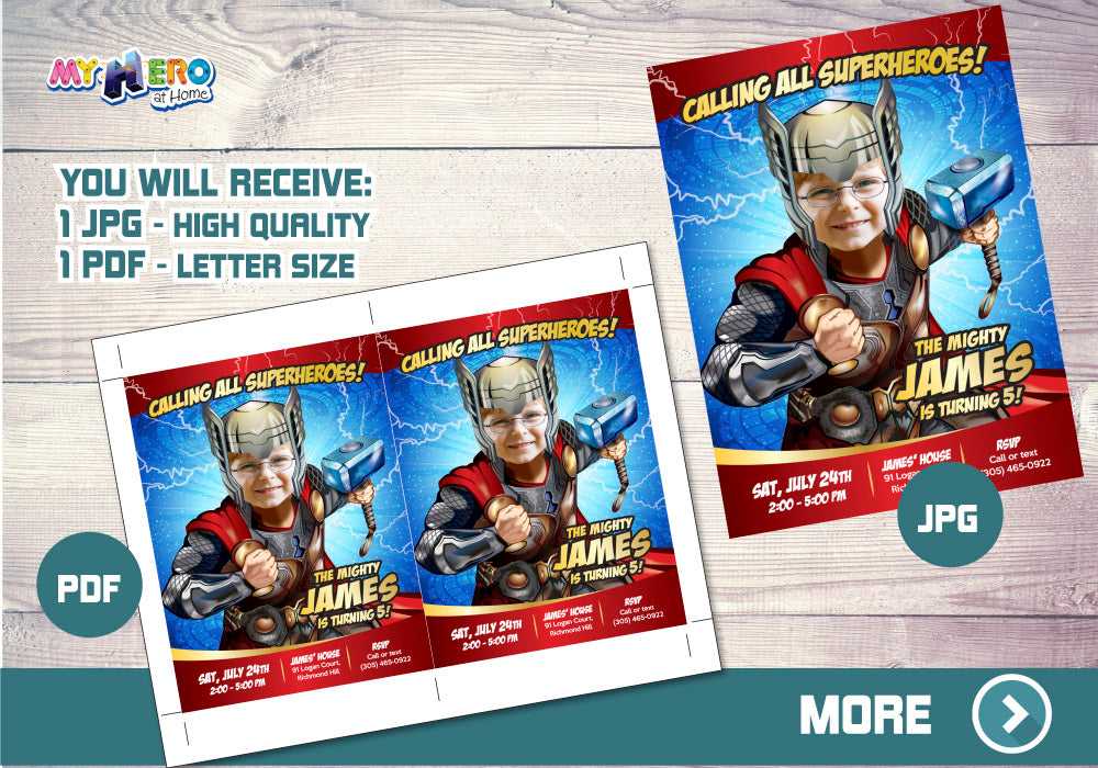 Thor Birthday Invitation personalized with your photo, Thor photo Invitation 154
