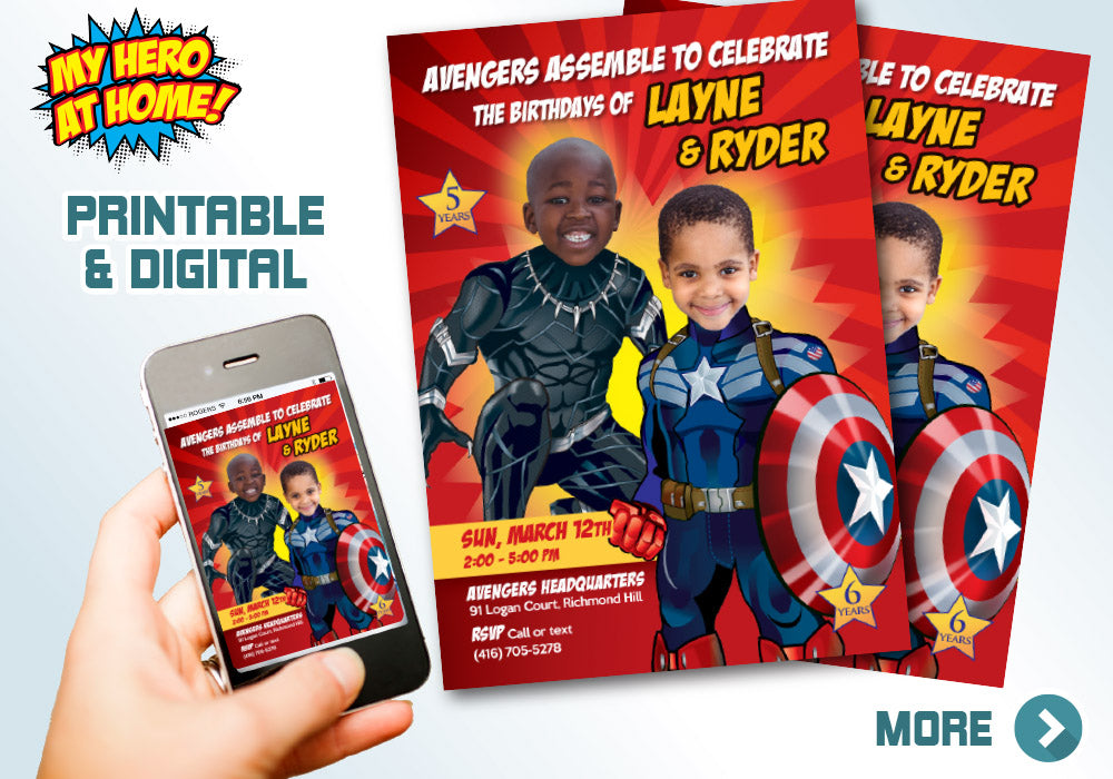 Personalized Joint Black Panther and Captain America birthday Invitation with your photos. 164