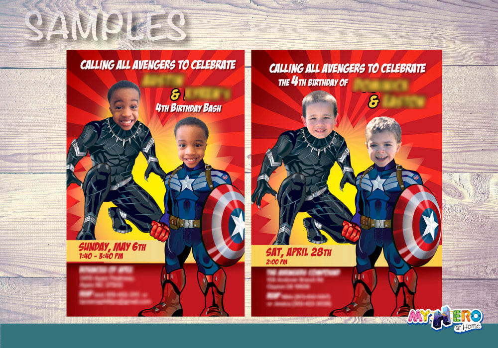 Personalized Joint Black Panther and Captain America birthday Invitation with your photos. 164