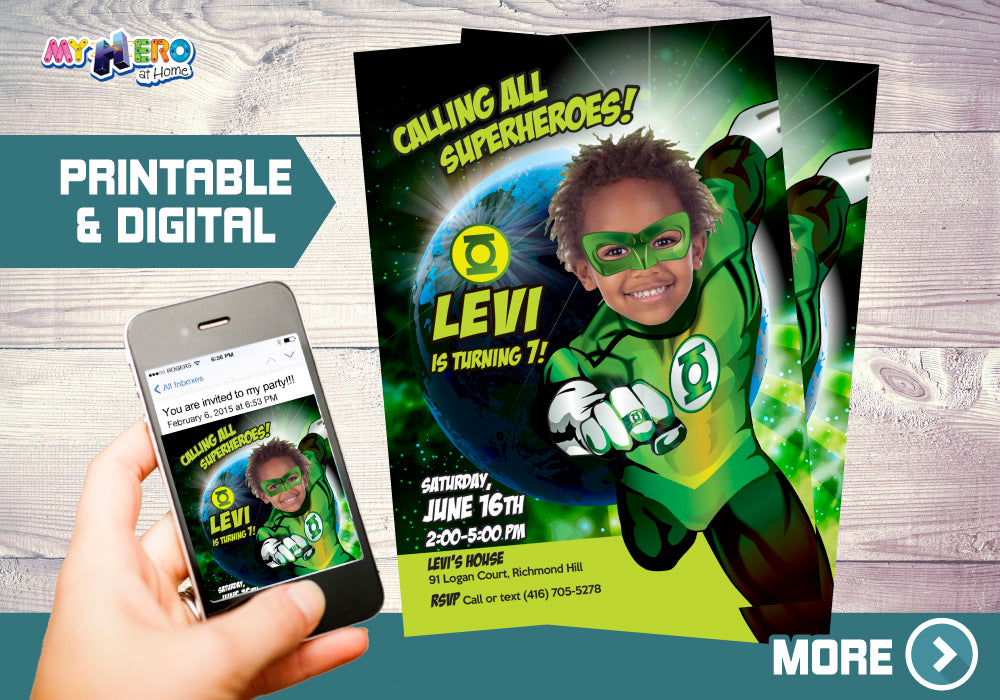 Green Lantern Birthday Invitation with your kid as the star, Green Lantern Photo Invite. 167