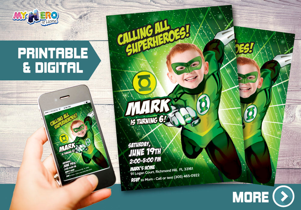 Personalized Green Lantern birthday party Invitation template with your kid as the green lantern. 168
